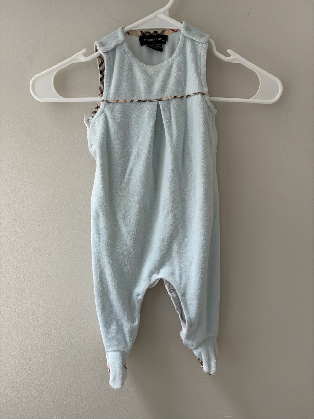 Designer Burberry Baby Blue Footed Romper 9 months classic plaid